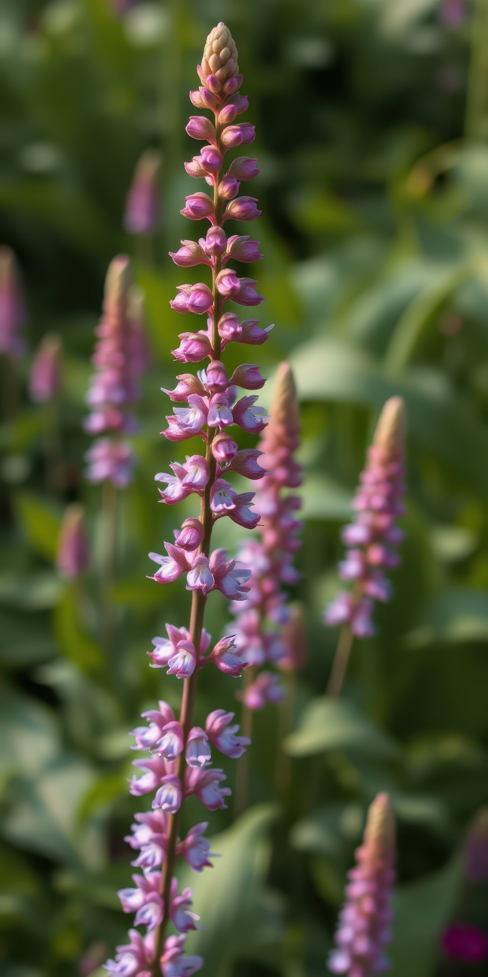 Beautiful blooming flowers in a lush garden during the warm afternoon sunlight